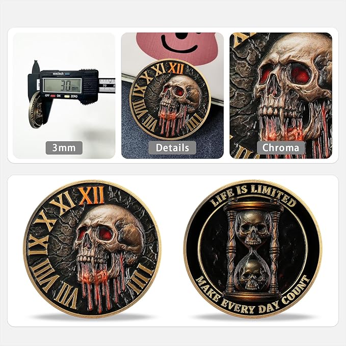 AtSKnSK Memento Mori Coin Momento Mori Coin Skull Coin Stoic Gifts Memento Mori Calendar Living Memento Mori Amor Fati Coin (Crack Time Warning)