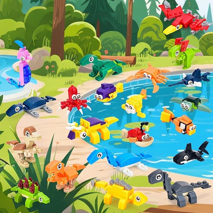 24 Packs Mini Building Blocks Animal Set Pinata Stuffers Prize Box Toys for Kids Classroom Activity with Themes of Dinosaur and Sea Creatures