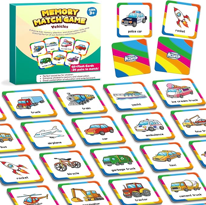 Aizweb Match Game,Memory Game, Vehicle 48 Pcs Toddler Card Games for Kids Ages 3 4 5 6,Flash Cards for Preschool Kindergarten Learning Activities,Educational Toys Homechool Supplies