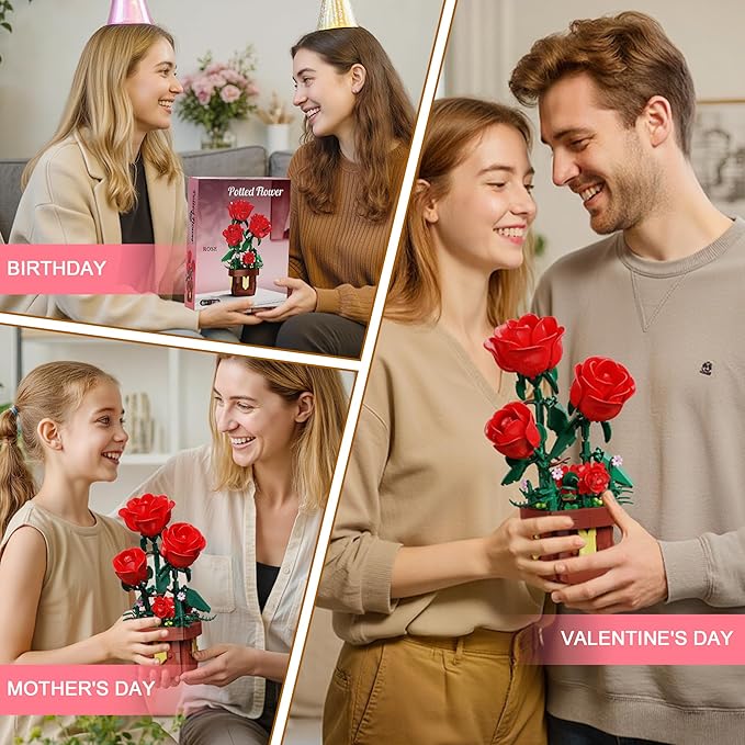 Roses Flowers Botanical Building Blocks Set,Artificial Plants Bonsai Building Toys with Pot,Indoor Display for Home Office Decor,Christmas Birthday Gift for Adult Women Girls Age 8-12(307Pcs)