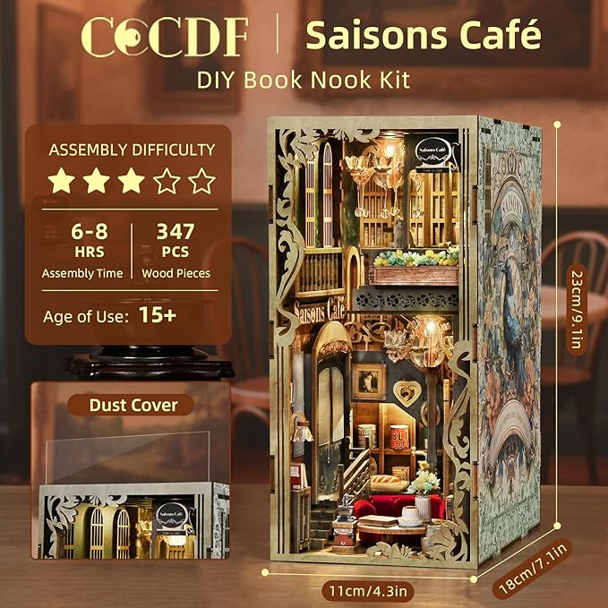Book Nook Kit, DIY Miniature Dollhouse Booknook Kit, 3D Wooden Puzzle Bookend Bookshelf with LED Light for Adults Teens (Saison Café)