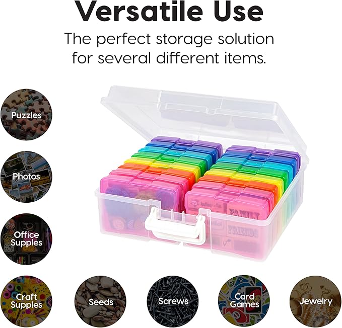IRIS USA 4" x 6" Photo Storage Box Craft Keeper, Transparent Handle Container with 16 Organization Holder Cases for Pictures, Tasks, Scrapbooking, Stationery Storage, Multi-Color/Clear