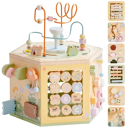 ROBOTIME Wooden Activity Cube for Toddlers, 13 in 1 Montessori Baby Activity Cube, Baby Play Cube Toy with Educational Features, Gift Wooden Cube Toy for Boys & Girls - 1 Year +