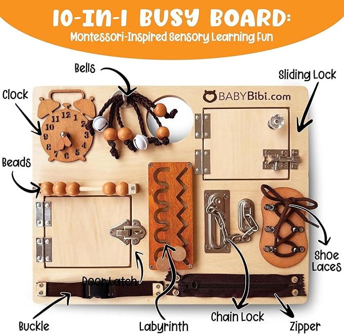 Large Montessori Busy Board - 10-in-1 Sensory Activity Toy for Toddlers with Locks, Shoelaces & More - Education Travel Toy for Boys & Girls Ages 3+