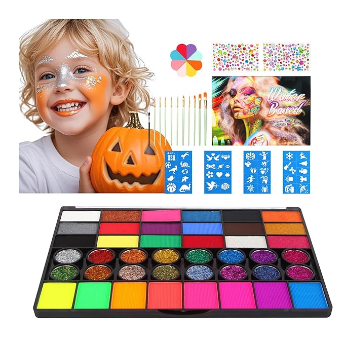 Kids Face Painting Kit, Non-Toxic Water-Activated 42 Vibrant Colors, 200 Glitter Gems & 40 Stencils & Brushes & Sponges | Gentle Face Paint Makeup Set for Halloween, Birthdays, Parties, Easy to Wash