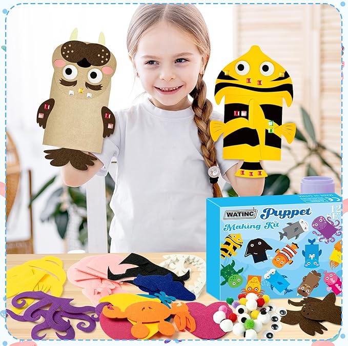 WATINC 12Pcs Hand Puppet Making Kit, Art Craft Felt Sock Puppet Toys, Creative DIY Make Your Own Pompoms Wiggle Googly Eyes Storytelling Role Play Party Supplies Gift for Girls Boys (Ocean Animals)