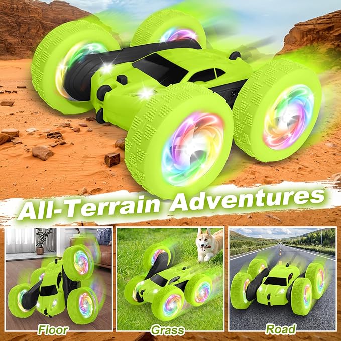 Remote Control Car, Stunt RC Cars, 2.4GHz Double Sided 360° Flips RC Crawler, Outdoor Toys for Kids Ages 4-8, Upgraded USB-C Modular Battery, 5 6 7 8 9 10 +Year Old Boys Birthday Gifts Green