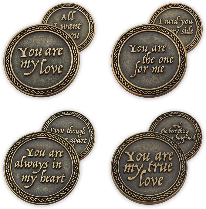 Romantic Love Expression Antique Gold Plated Coins for Date Night, Pack of All 12 Valentine Coins for Significant Other, Love Gift for Men and Women, from Him or Her