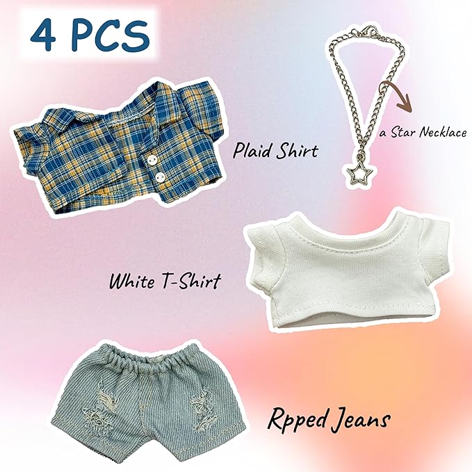 17cm Doll Clothes, Overall Outfits Set for 17cm Doll, 4 Piece Set Necklace Clothing, Stylish Adorable Dolls Clothes Accessories (No Doll)