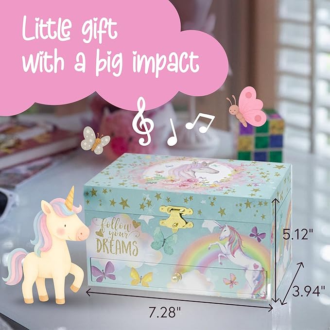 The Memory Building Company Unicorn Musical Jewelry Box, Classic Melody Storage Organizer Kids Ages 6-12, Wood Construction w/ 2 Compartments