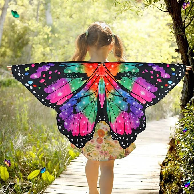 Butterfly Costume for Girls Fairy Wings Kids 4 Pcs(Cape,Skirts,Masks,Hair Clips) Butterfly Wings for Halloween Gifts