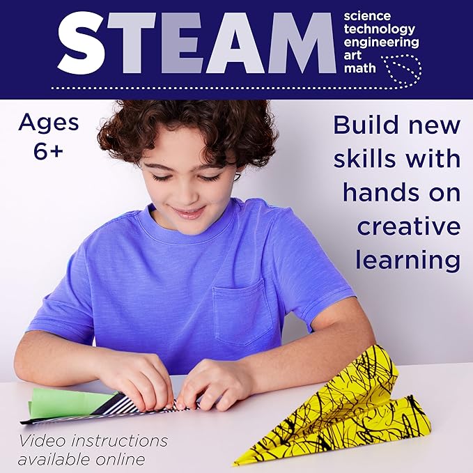 Creativity for Kids Paper Airplane Kit - Stunt Squadron Neon Glow, Makes 70 Paper Airplanes and 2 Plane Launchers, STEM Birthday or Christmas Gift, Craft and Activity Set for Boys (Ages 6-8+)