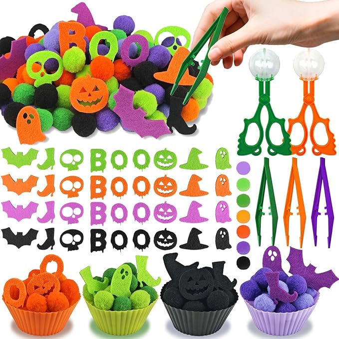 213 Pcs Halloween Felt Sensory Bin Filler Sensory Bin Items Fine Motor Toys Counting Sorting 100 Pom Pom 100 Felt Bat Ghost Pumpkin 8 Sorting Cups for Halloween Sorting Counting Training