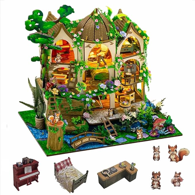 DIY Miniature House Kit, Tiny House Kit with Furniture & LED, DIY Wooden Dollhouse Miniature Kit for Adults Teen, Wooden Crafts Lovely Dollhouse Kit, Forest Castle