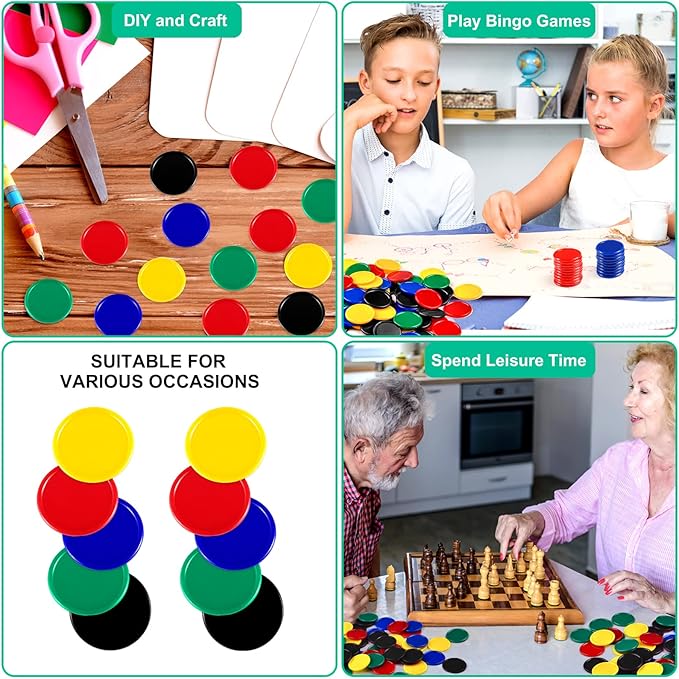 Coopay 500 Pieces Plastic Learning Counters Disks Bingo Chip 5 Colors Counting Discs Markers for Math Practice and Poker Chips Game Tokens Kids Reward, 1 Inch (Red, Blue, Black, Green, Yellow)