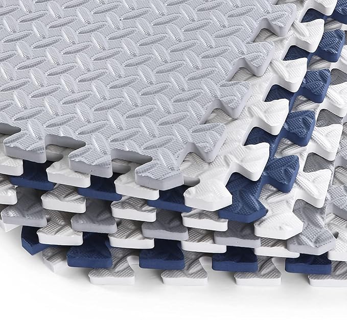 Foam Play Mat for Toddlers, EVA Non-Toxic Interlocking Floor Mats with Solid Colors, Squares Baby Play Mat, EVA Foam Floor Mat Foam Mats for Kids, Baby, 16 Tiles(White/Light Gray/Dark Blue)