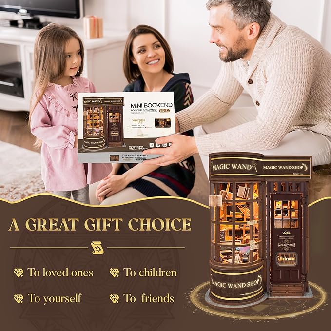 DIY Book Nook Kit,DIY Miniature Dollhouse kit,3D Wooden Puzzle Magic Bookend Bookshelf Insert Decor with Led Light,Gifts for Adults Teens and Beginners -Magic Wand Shop(SQ-51)