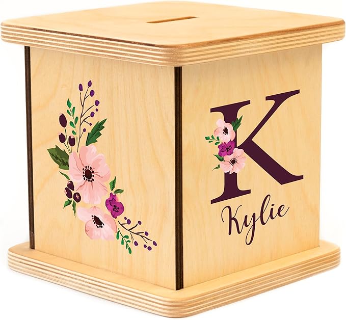 Wooden Piggy Bank for Kids and Adults, Personalized Gift Handmade in USA by BloomOwl, Custom Piggy Bank, Personalized Banks for Kids, Gifts for Baby Boys and Girls (Plum Floral)