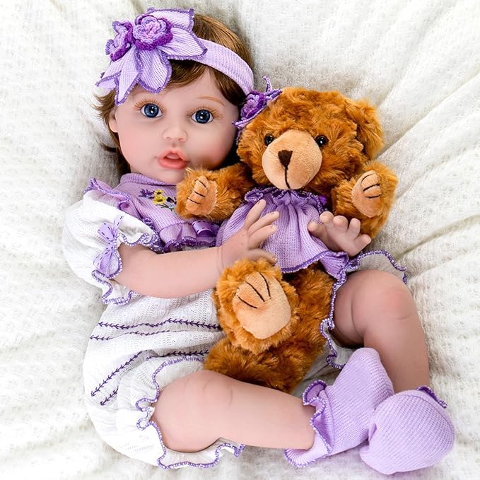Aori Reborn Baby Dolls - 22 Inch Realistic Lifelike Baby Girl - Handmade Vinyl Reborn Doll with Feeding Set & Purple Outfit | Newborn Baby Doll for Kids 3+, Collectors, Role Play