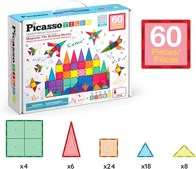 PicassoTiles 60 Piece Set 60pcs Magnet Building Tiles Clear Magnetic 3D Blocks Construction Playboards - Creativity Beyond Imagination, Inspirational, Recreational, Educational, Conventional