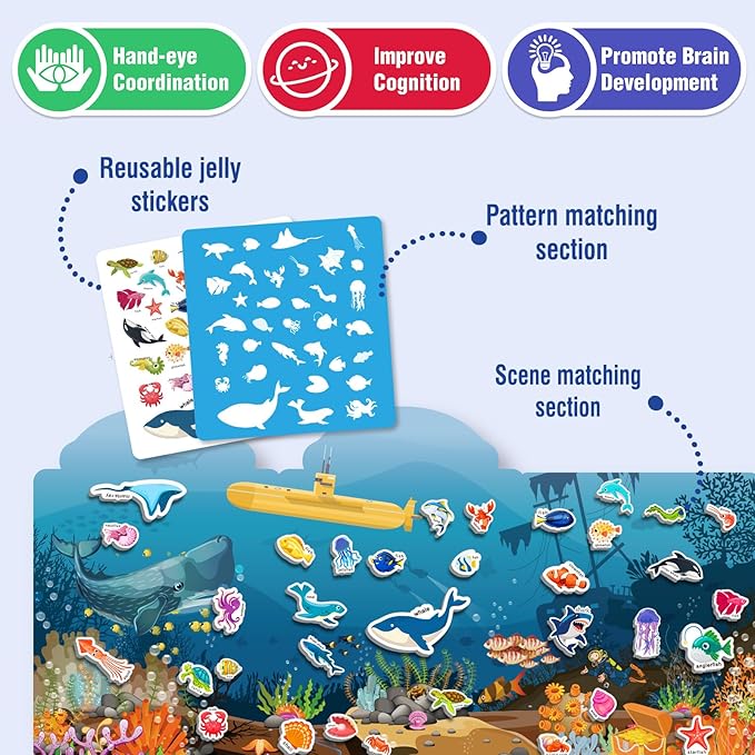 2 Sets Reusable Sticker Books for Toddlers 1-3, Removable Jelly Sticker Books for Kids 2-4 Years, Toddler Travel Toys Activity Road Trip Essentials for Kids- Vehicle + Ocean