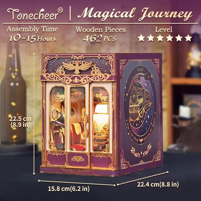 Tonecheer DIY Book Nook Kit for Adults, Miniature Infinity Train Cabin Magical Vintage Carriage Model, Wooden 3D Puzzle Dollhouse Booknook Decorative Bookend Gifts (Magical Journey)