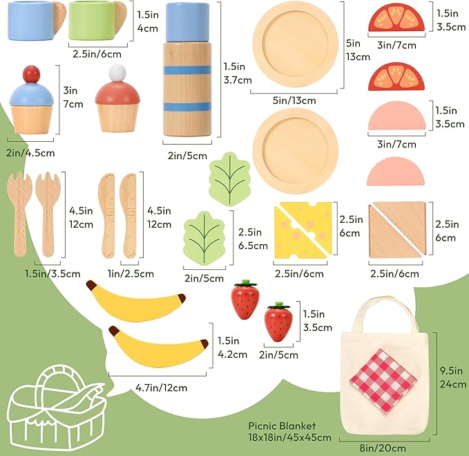 Wooden Picnic Play Set for Kids, 30-Piece Pretend Play Food Toy with Thermos, Sandwiches, Fruits, Utensils, Canvas Carry Bag & Blanket, Pretend Play Kitchen Accessories for Toddlers Age 3+