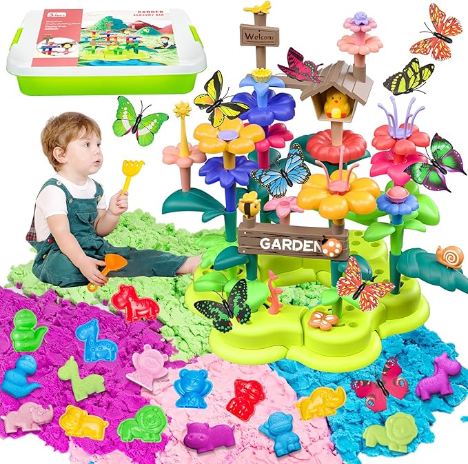 Flower Garden Sensory Bin Toys for Toddlers Kids Age 3-6, 51 PCS Garden Building Blocks, 2.2lbs Sensory Play Sand, 10 Sandbox Toys, Garden Play Set, Preschool Learning Toys Gifts for Boys Girls