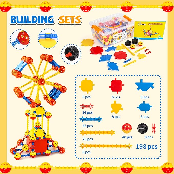cossy 198 PCS STEM Building Toys for Kids, Construction Building Blocks, Educational Toys for 3-5 4-8 5-7 6-8 Year Old, Creative Games, Engineering, STEM Kits