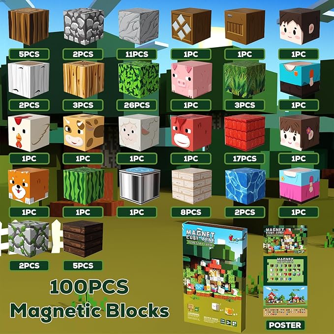 Magnetic Blocks 100 Pieces for Kids Magnetic Tiles, 3D Sensory Construction Building Toys for Toddlers, Farm Animal Magnet Cubes Tree Forest Stacking Toys Games for Ages 3-12