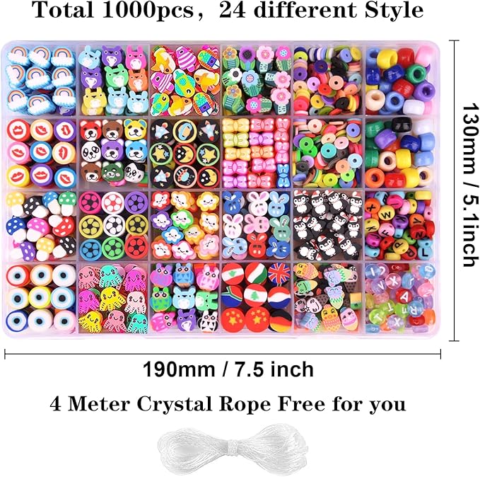 BBita 1000PCS Polymer Clay Beads Bracelet Making kit, 24 Style Cute Fun Beads Flower Animal Rainbow Eye Charms for Jewelry Necklace Earring Making DIY Accessories for Women Girls
