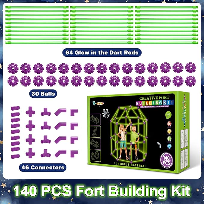 V-Opitos 140 Pack Glow in The Dart Fort Building Kits for Kids Age 4, 5, 6, 7, 8+ Years Old, STEM Building Toys for DIY Castles, Tunnels, Ideal Christmas, Birthday Gifts for Boys & Girls