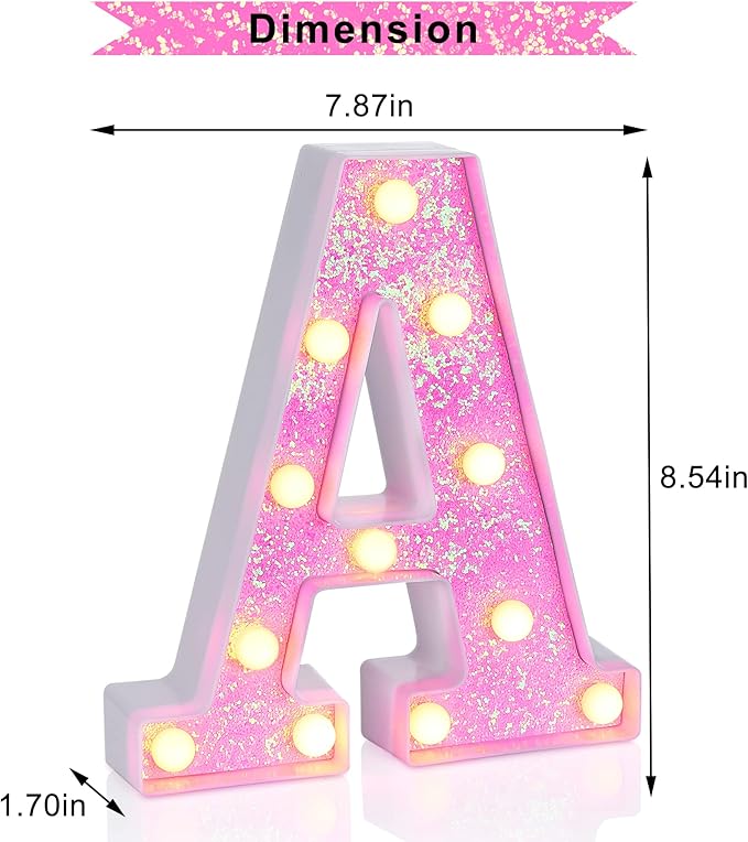 Foaky Pink Light up Letters，Pink Party Decorations,Girls Room Decor,Glitter Light Up Letters,Alphabet Letter Sign for Night Light Birthday Party Girls Gifts, Home Bar Decoration（A）