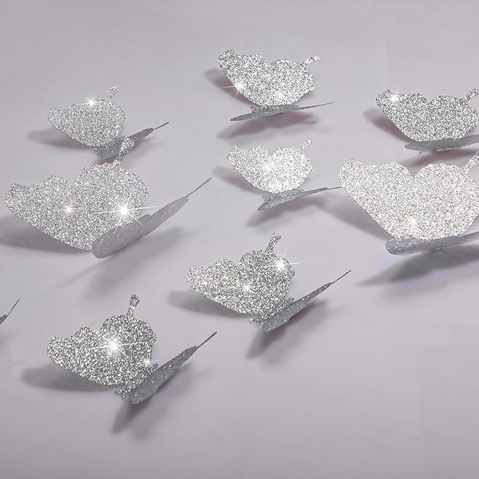 BBTO 48 Pieces Butterfly Wall Decor DIY Mirror 3D Butterfly Stickers Removable Decals for Home Bedroom School Bathroom Living Room Decor(Glitter Silver)