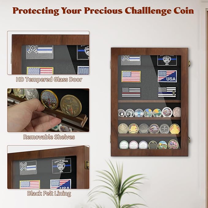 Military Challenge Coin Display Case 6 Rows Wooden Army Coin Holder with HD Tempered Glass Lockable Coin Wall Dsplay Box with Removable Shelves, Walnut