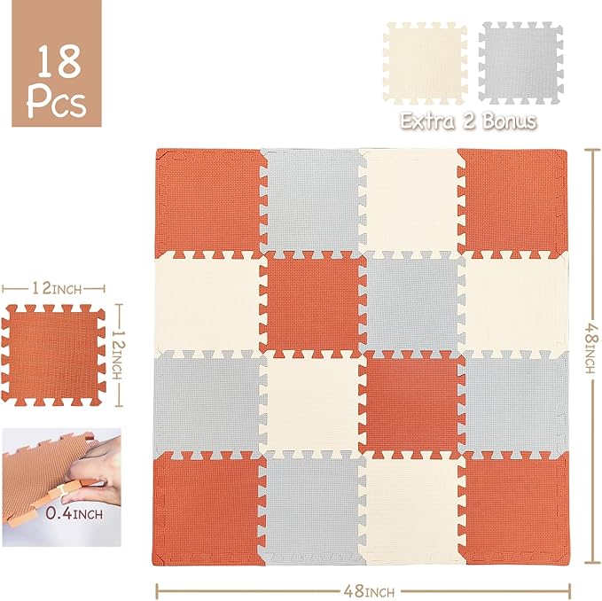 TCBunny Kids Soft EVA Foam Jigsaw Puzzle Play Mat, 18 Interlocking Tiles and Edges Baby Play Mat, for Kids Gym, Nursery, Playroom, Pet Mat, Total Floor Coverage 16 Sq Ft