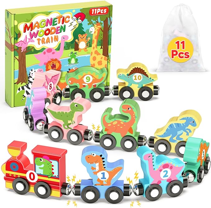 11 Pcs Magnetic Dinosaur Train Set Montessori Toys for 1 2 3 Years Old Toddlers Boys Girls, Wooden Dinosaur Preschool Learning Activities Educational Sensory Toys Birthday Gifts Ages 1-3, 2-4