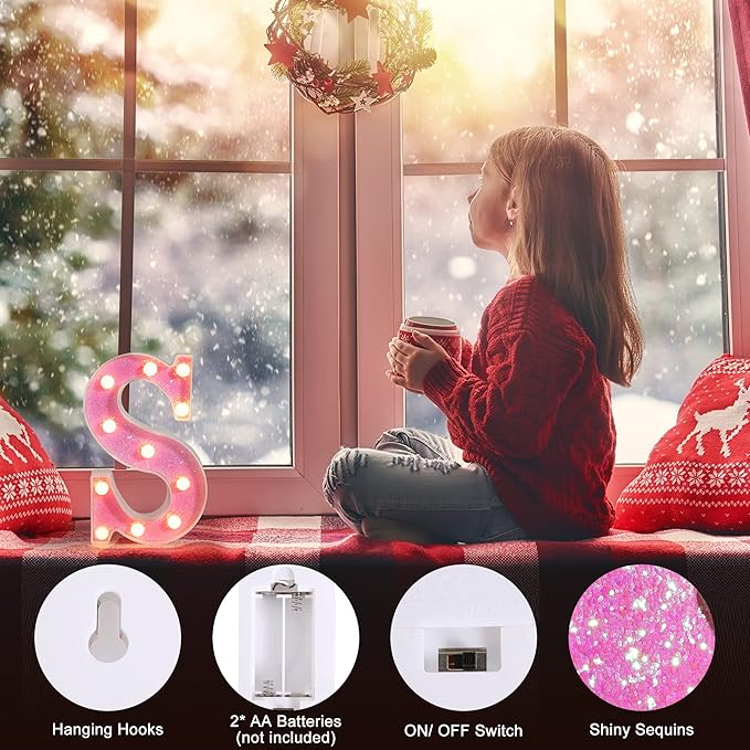 Foaky Pink Light up Letters，Pink Party Decorations,Girls Room Decor,Glitter Light Up Letters,Alphabet Letter Sign for Night Light Birthday Party Girls Gifts, Home Bar Decoration（C）