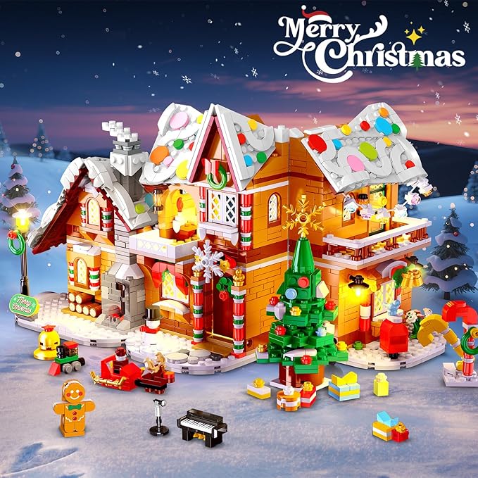 3 Style Christmas Gingerbread House Building Set with Lights - 2025 Christmas Castle Village Building Block Toy with Santa Claus Xmas Tree Train Gifts for Adults Kids Girls Boys Ages 6+ (1477PCS)
