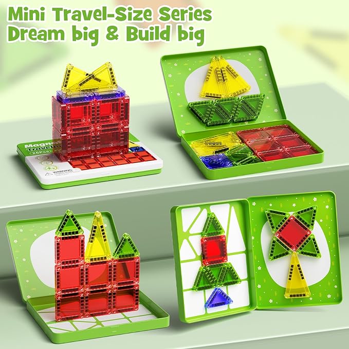 Magnetic Puzzle Travel Building Set, 26-Piece Mini Magnetic Blocks with Storage Tin Box, Preschool Learning Sensory Montessori Toy, Ideal Puzzle Birthday Gift for Boys and Girls Aged 3+