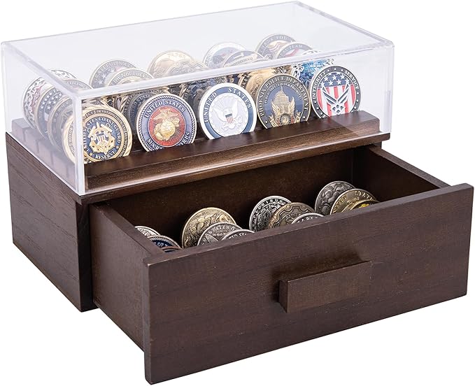 Wooden Display Case with Clear Cover - Medium Coin Stand Holds 20 Coins on Top & 16 in Storage Drawer - Poker Chip Display Case - Brown