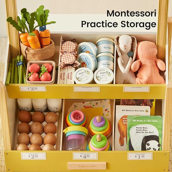 Tiny Land Wooden Play Store – Pretend Farmers Market & Coffee Shop with Cash Register, DIY Price Tags, Chalkboard, Pretend Grocery Store Role Play Toy for Toddlers