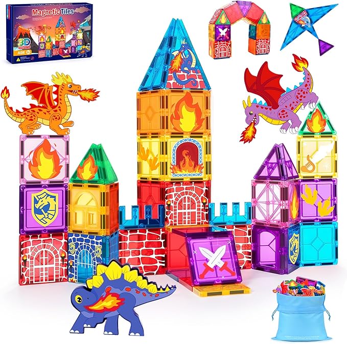 Dragon Toys, Magnetic Tiles 3D Building Toys, Creative Dinosaur Magnetic Construction Set with Inspirational, Recreational, Educational, 53 Piece