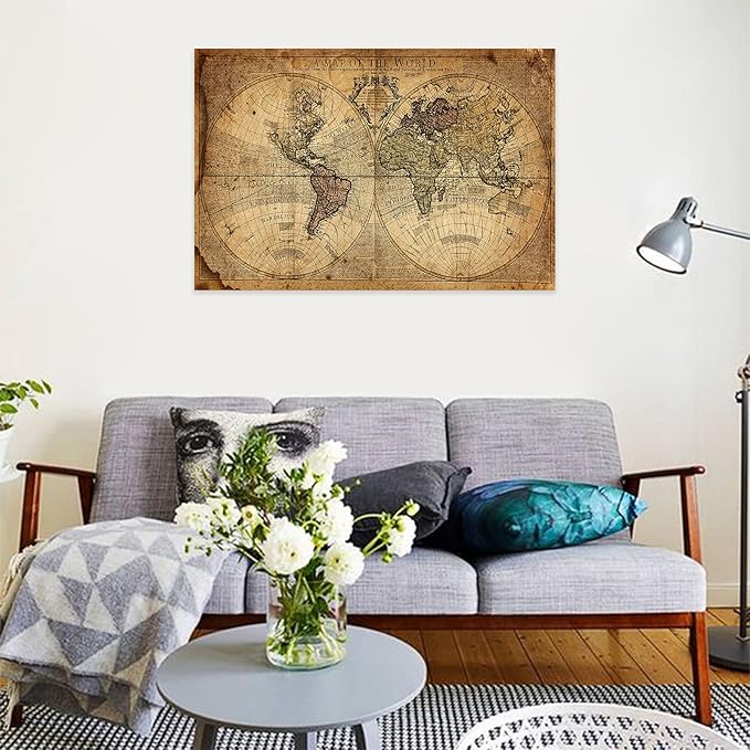 Vintage World Map Canvas Wall Art, Beige Nautical Map Background Pictures Print on Canvas for Office Decor, Antique Earth Map Framed Art for School- Living Room Wall Decoration 18x12 Inches