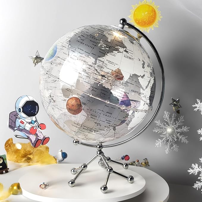 Generic Silver Earth Globe Desk Lamp, Touch Switch, Globe Diam. 25 cm, Warm White Light