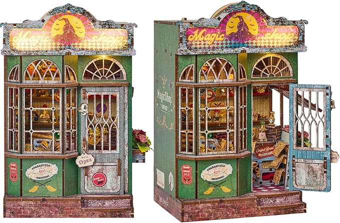 Magic Shop Miniature House Kit,DIY Miniature Dollhouse Kit with LED & Furniture,Mini Diorama House Building Kit for Adults,Tiny House Mini Model Kit Wooden Crafts,Bookshelf & Home Decor Gifts