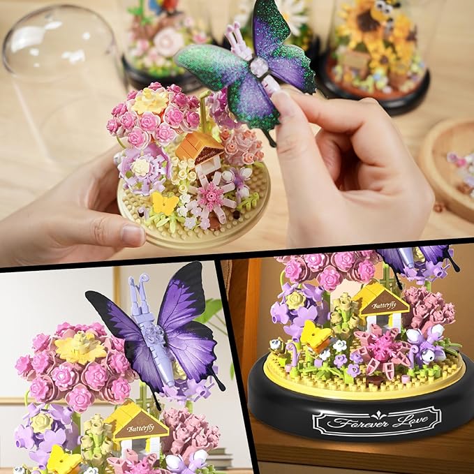 QLT QIAOLETONG Flower Bouquet Building Kit for Adults, Animals Flowers 582 PCS Botanical Collection Mini Building Blocks Set, Valentine's Day for Her Mom Women Wife Girlfriend (Butterfly)