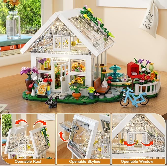 Flower House Building Set with LED Light, Garden House Fountain Countyard Buiding Toy with Flowers Potted & Cat Playset, Greenhouse Model Xmas Decor Gifts for Adults Friends Girls 6+