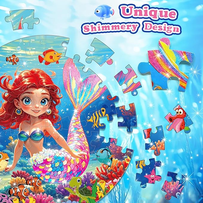 72 Pieces Shimmery Jumbo Mermaid Floor Puzzle for Girls 3-5 4-6 Age Floor Puzzles for Boys and Girls Large Round Floor Jigsaw Puzzles (Mermaid)