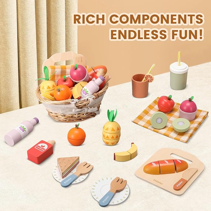 Picnic Playset, Wooden Play Food Set for Kids Kitchen, Cutting Pretend Play Kitchen Food Toy for Toddlers Girls Boys 3 4 5 Years Old